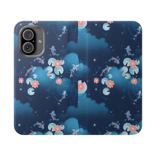 Flip phone case with a serene koi pond at night design