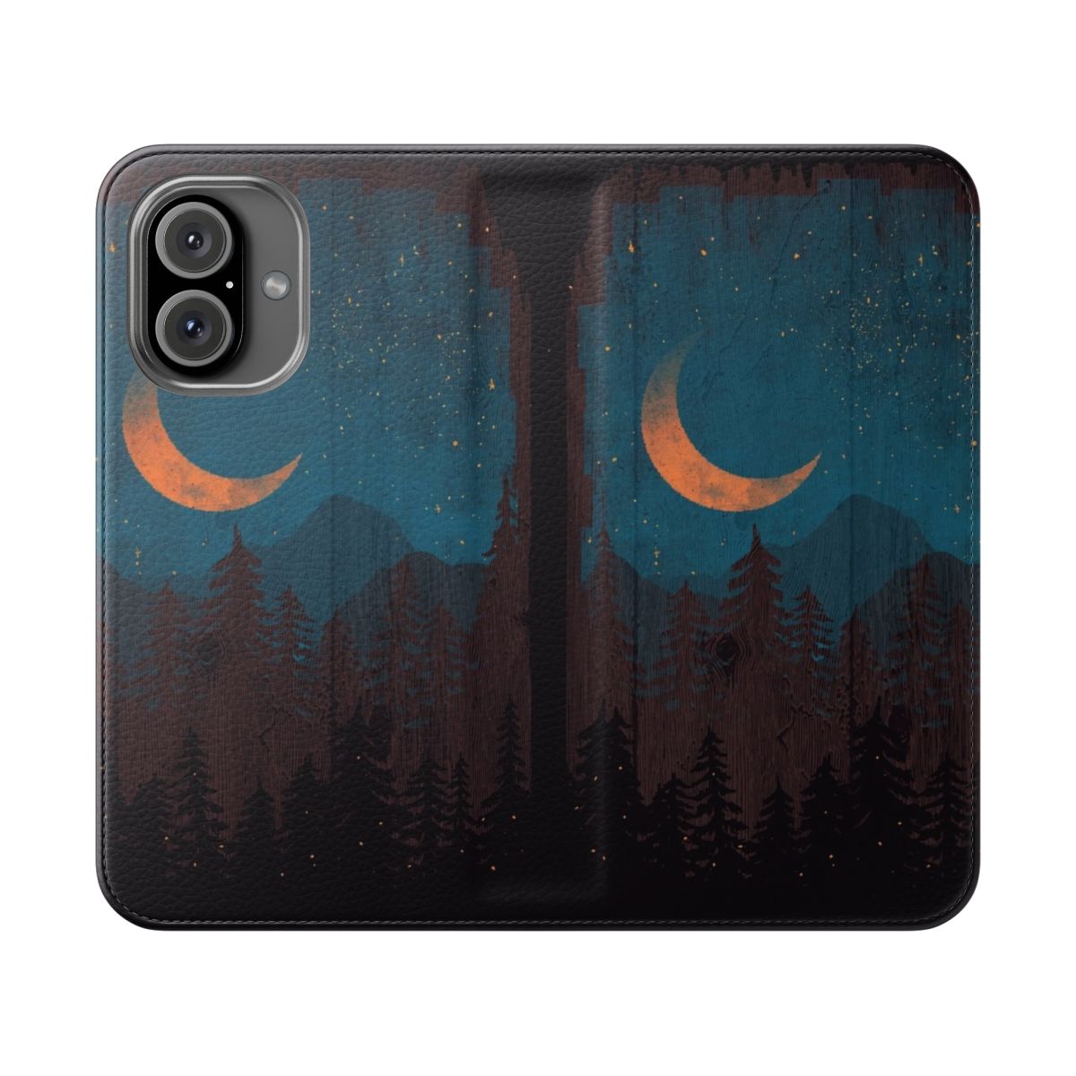 A flip phone case featuring a serene nightscape with mountains, stars, and fireflies.