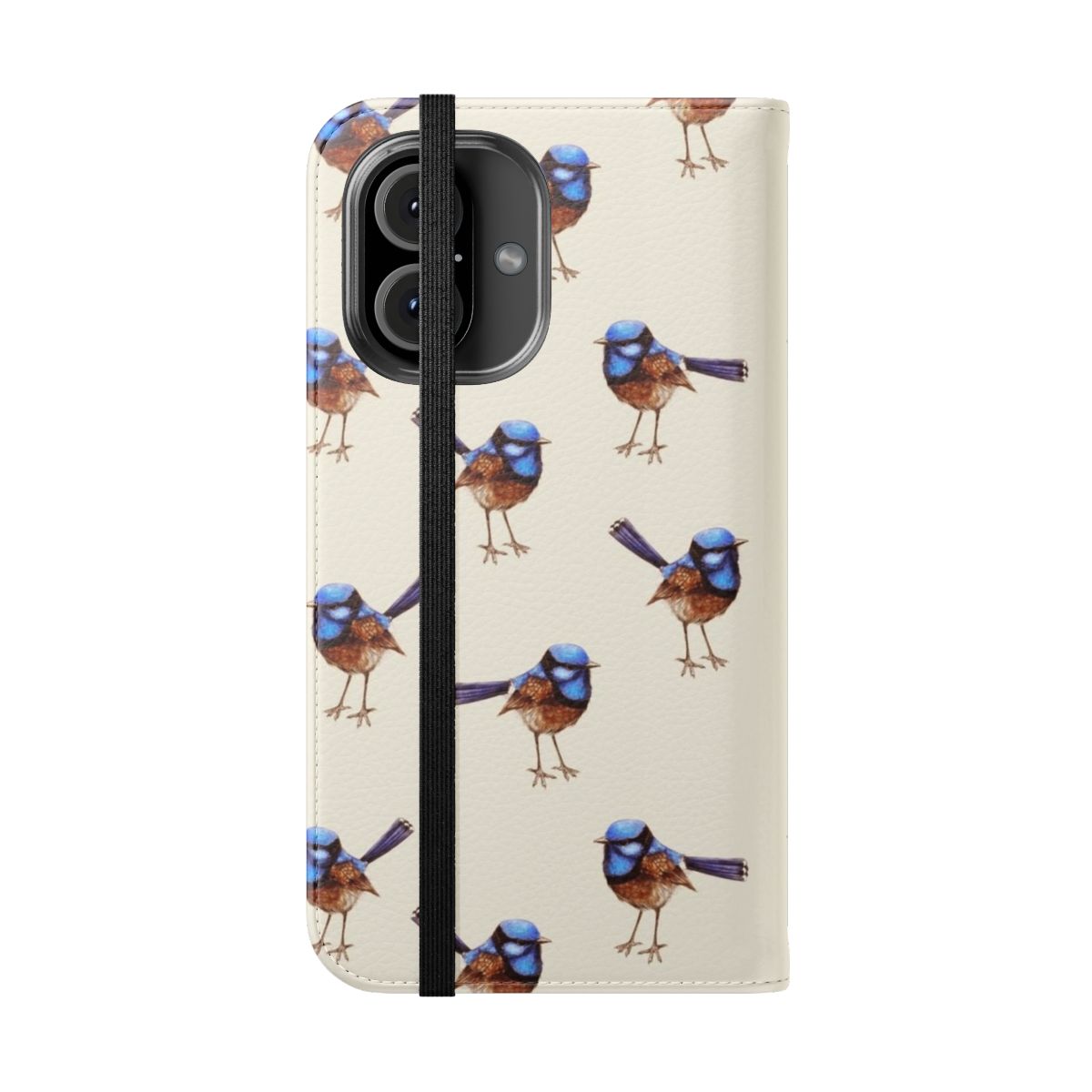 Watercolor illustration of a blue wren, a native Australian bird, on a crema-colored phone case - Folded Front