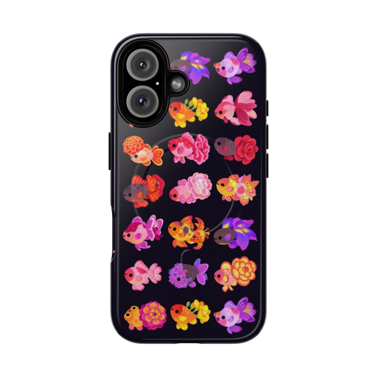 Artistic phone case featuring a colorful goldfish surrounded by flowers