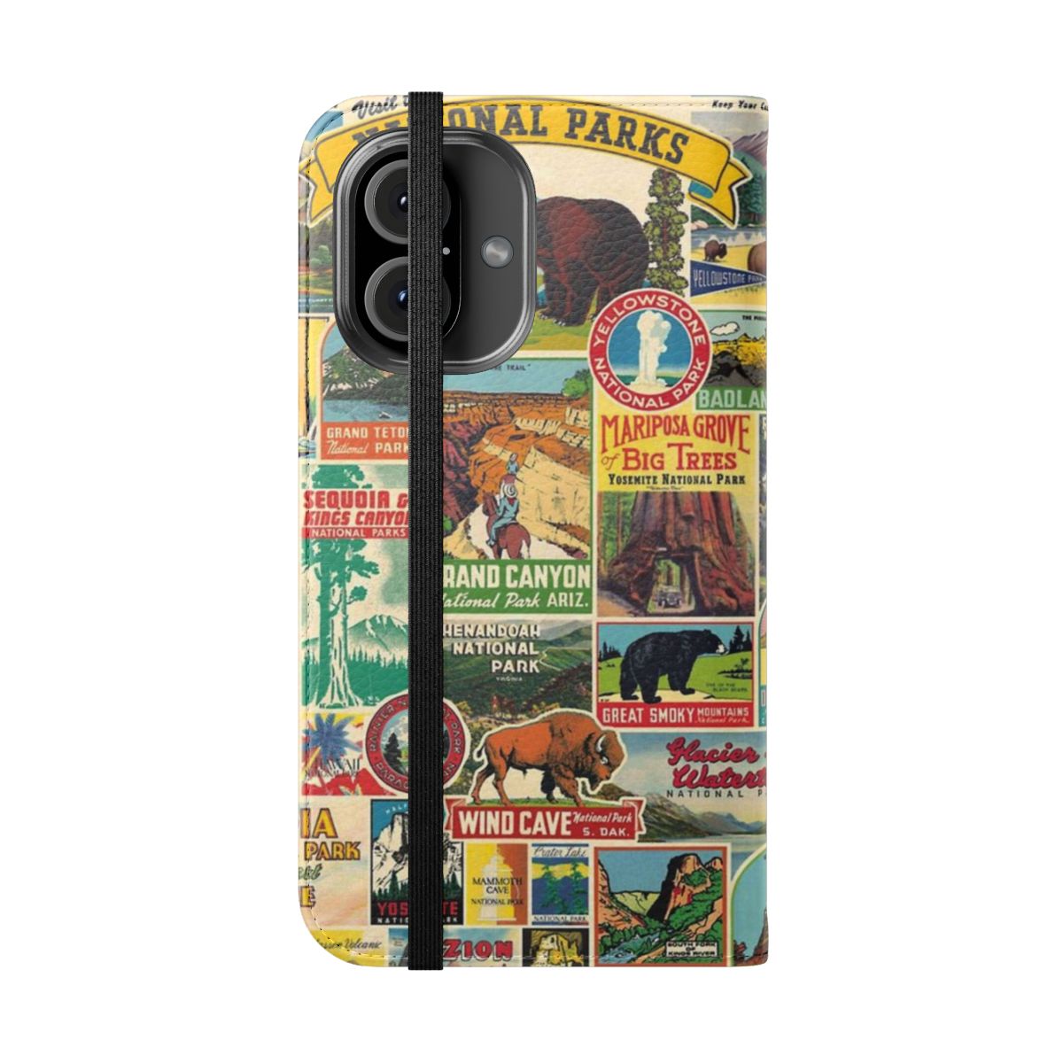 A flip cover phone case showcasing stunning landscapes and wildlife from national parks across the United States. - Folded Front