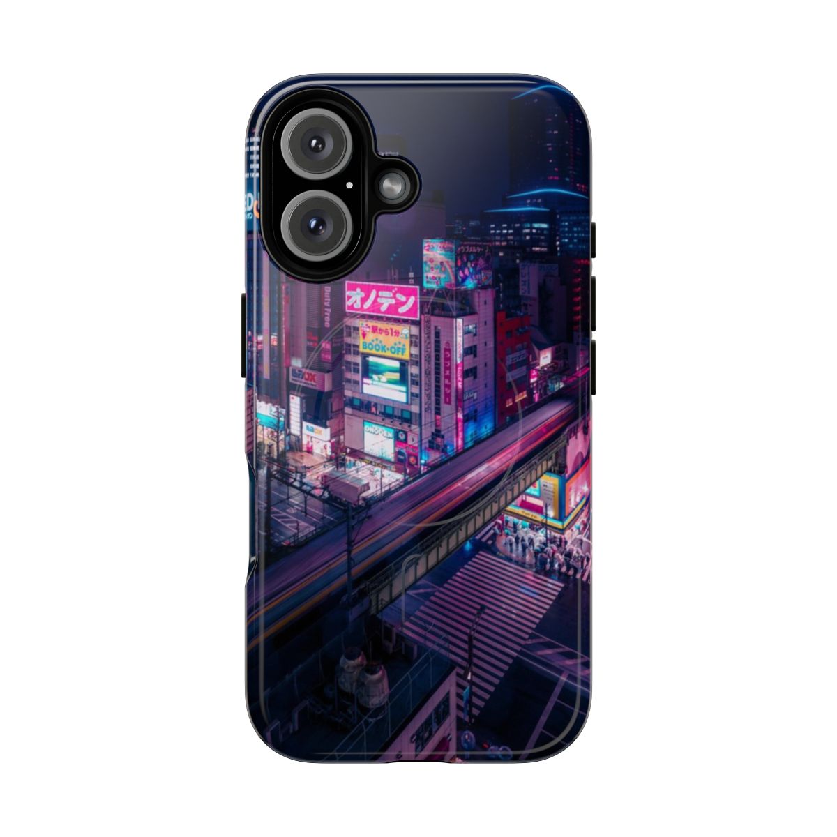 Cyberpunk-themed phone case with neon blue and pink colors, train and futuristic urban design