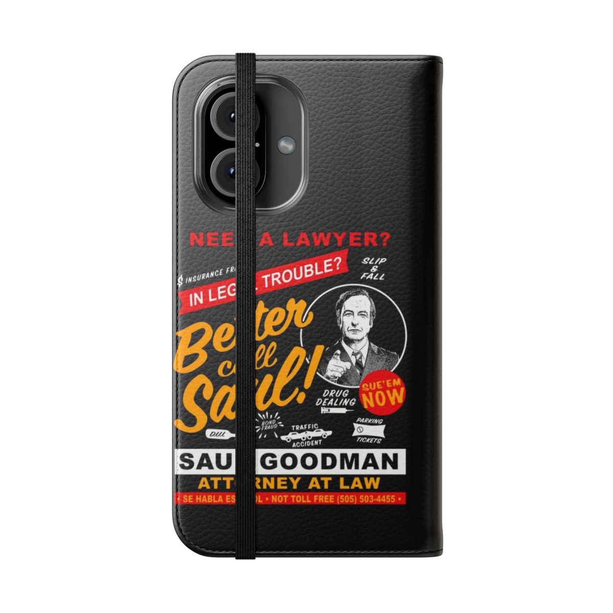 Flip cover phone case featuring a design inspired by the character Saul Goodman from the TV series Better Call Saul - Folded Front