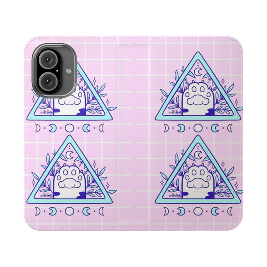 Whimsical pastel-colored phone case featuring a witchy cat paw design