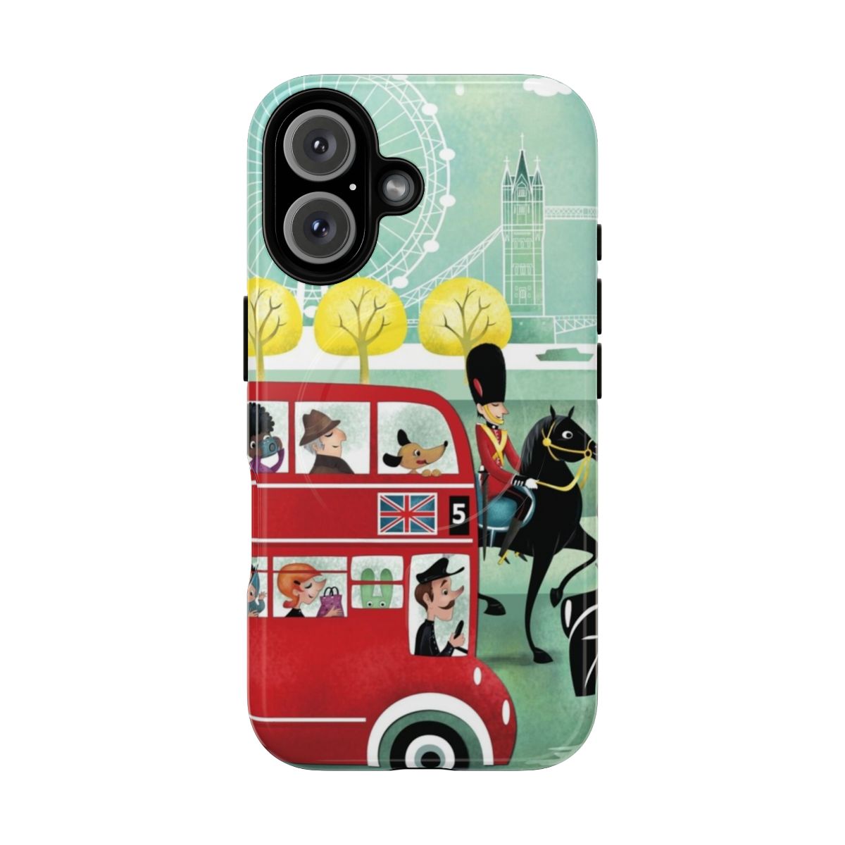 Phone case with Big Ben, London bus, and other London landmarks