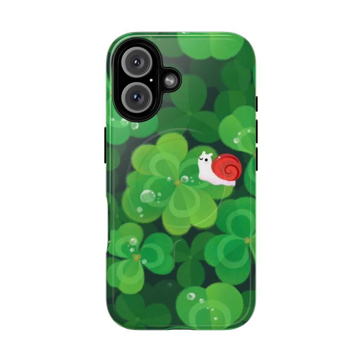 A whimsical and nature-inspired magnetic phone case featuring a happy, smiling snail surrounded by 4-leaf clovers and other plants.