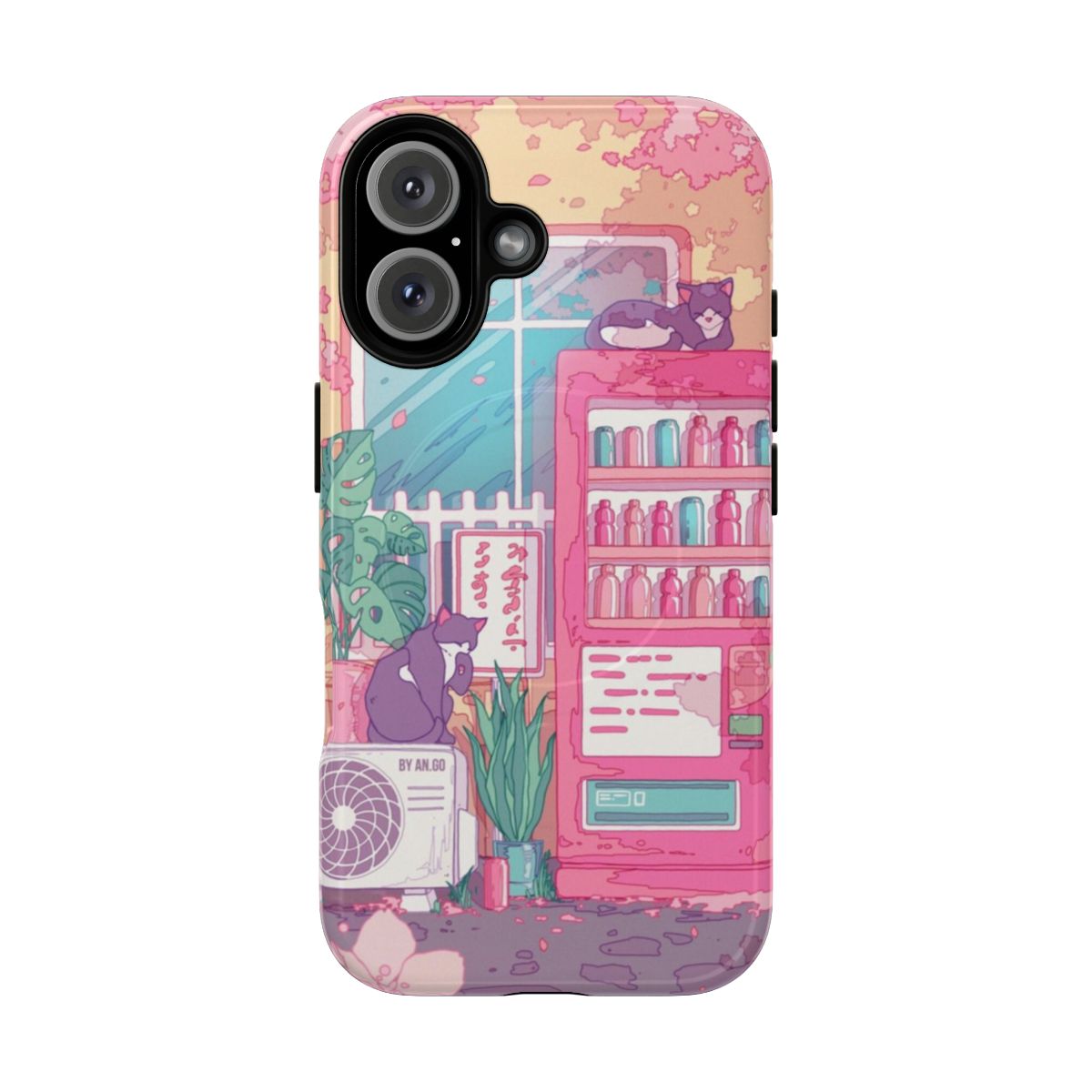 Magnetic tough phone case with a design featuring pink cherry blossoms, city street, and cute cats