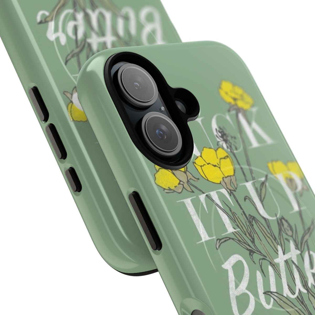 Vintage-inspired floral phone case with "Suck it Up Buttercup" text - Detail