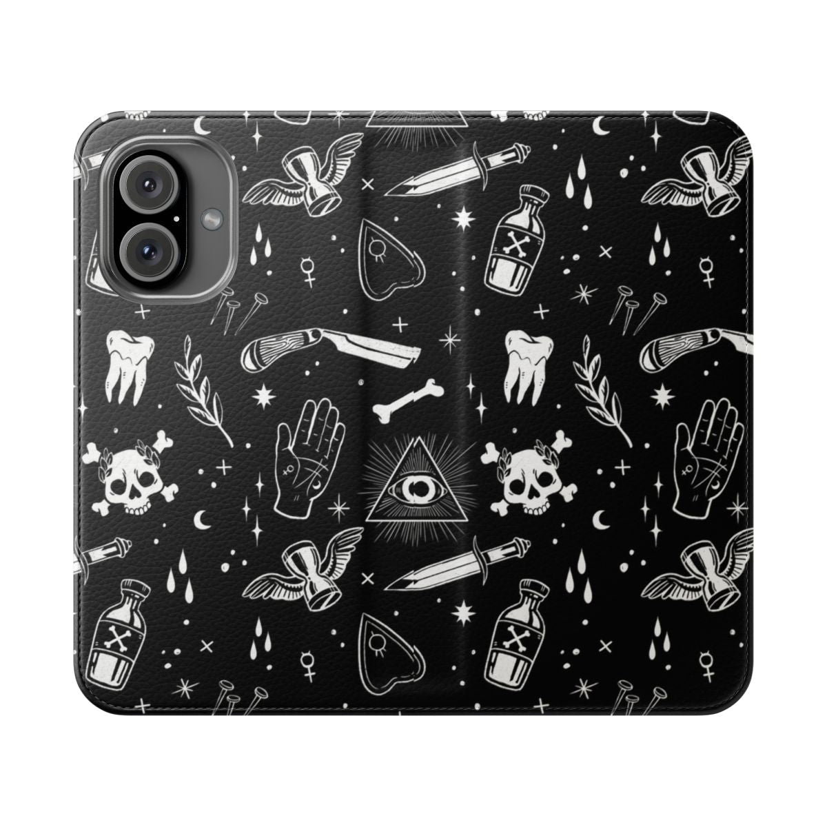 A dark and mysterious flip cover phone case featuring occult and gothic design elements.