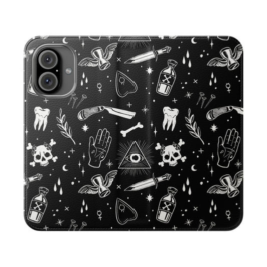 A dark and mysterious flip cover phone case featuring occult and gothic design elements.