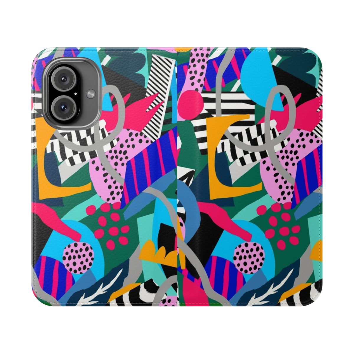 Colorful abstract art phone case featuring a tropical leaf design.