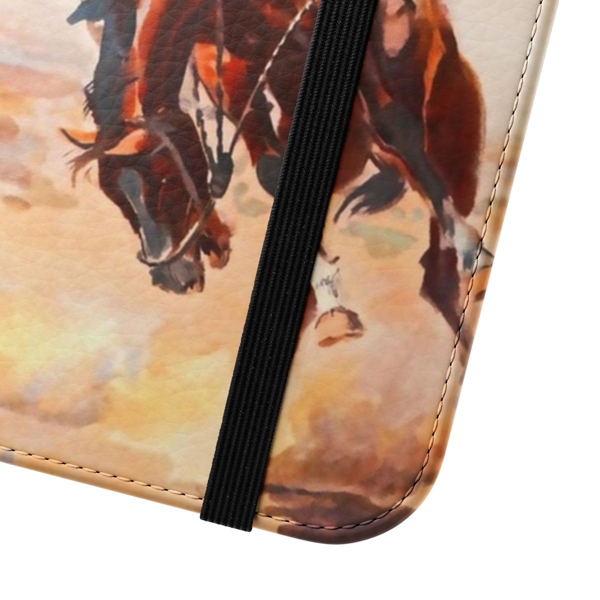 Flip cover phone case featuring a vintage western-style design with horses, cowboys, and other wild west elements. - Close Up