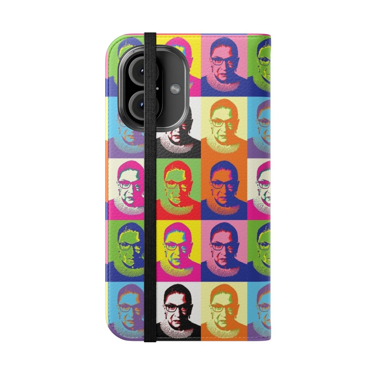 Stylish phone case featuring a vibrant pop art design of Ruth Bader Ginsburg, the pioneering Supreme Court Justice and feminist icon. - Folded Front