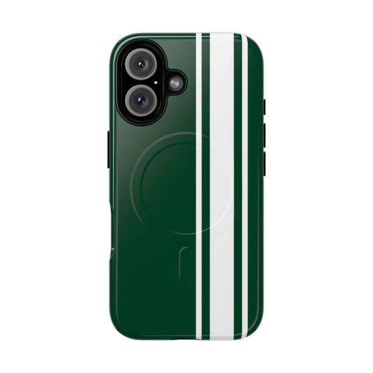 A phone case in a classic British racing green color with white pinstripes, perfect for car enthusiasts.