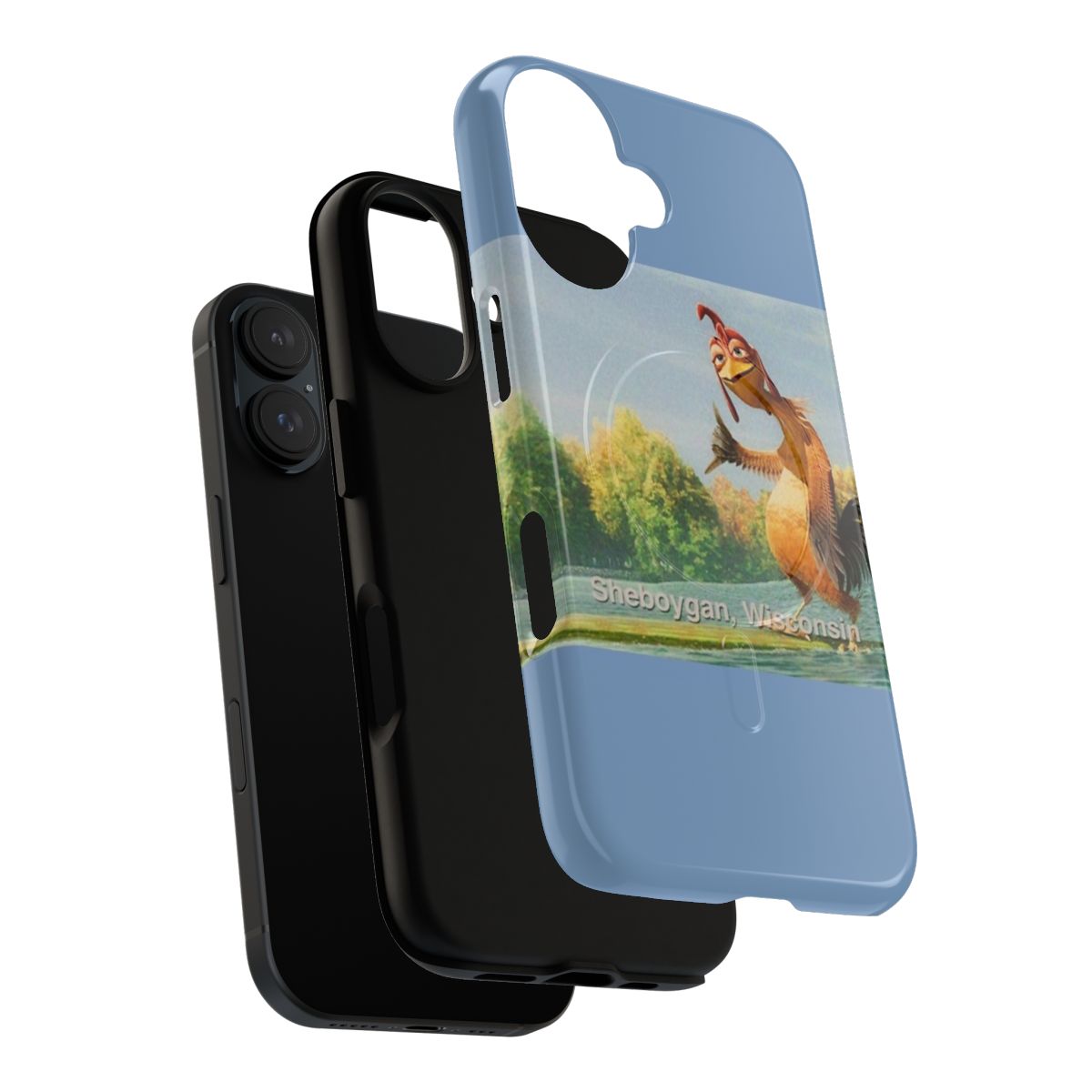 A blue phone case with an image of the character Chicken Joe from the film "Surfs Up" - Layers