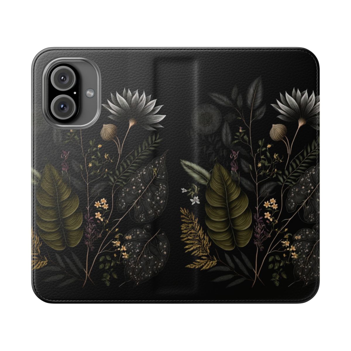 Moody floral and botanical design on a dark academia style flip phone case