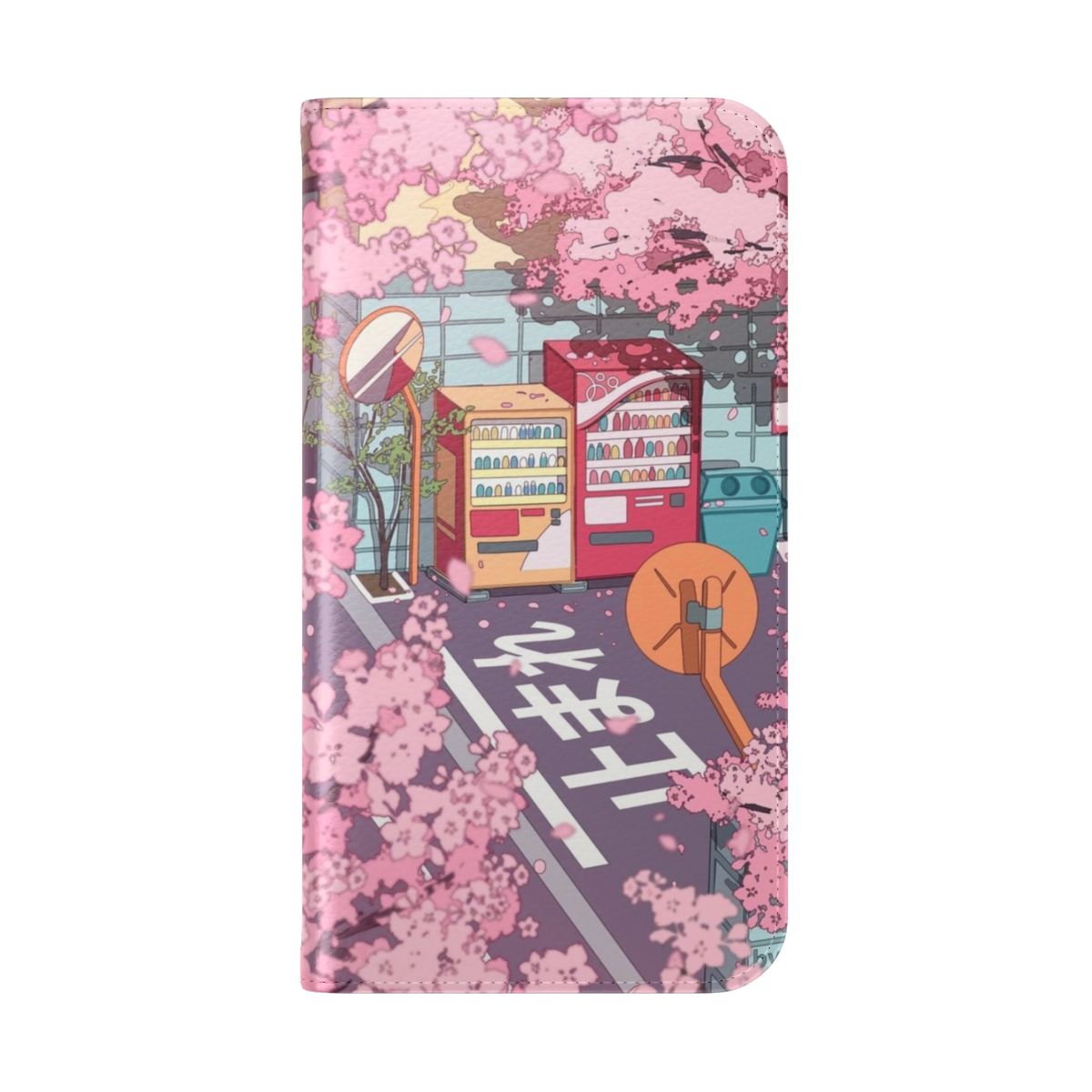 Flip cover phone case with a beautiful cherry blossom tree design on a Japanese street scene. - Folded Back