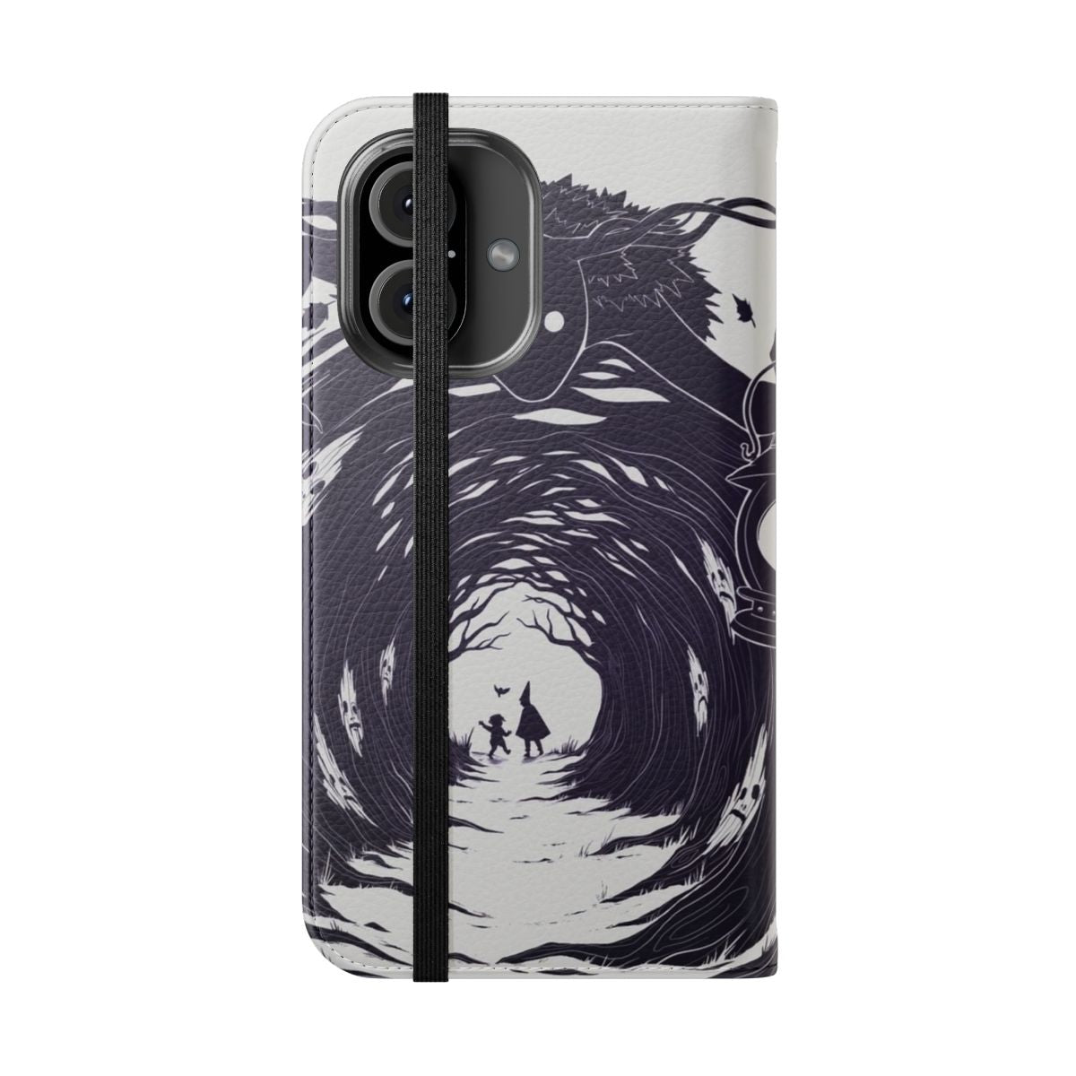 Flip cover phone case featuring an illustration inspired by the TV series Over the Garden Wall, with trees, leaves, and a dark, mysterious forest scene. - Folded Front