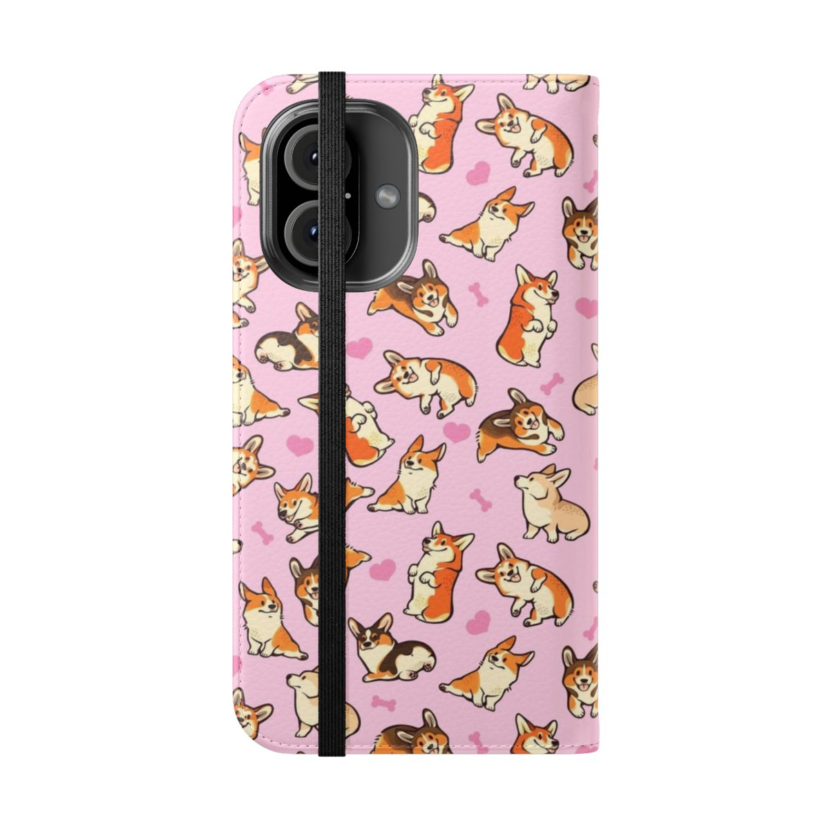 A pink phone case featuring a cute pattern of Pembroke Welsh Corgis. - Folded Front