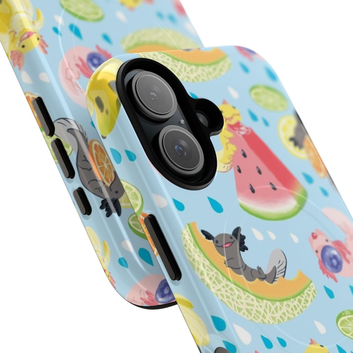 Vibrant, colorful phone case featuring a fun, fruity snaxolotl design - Detail