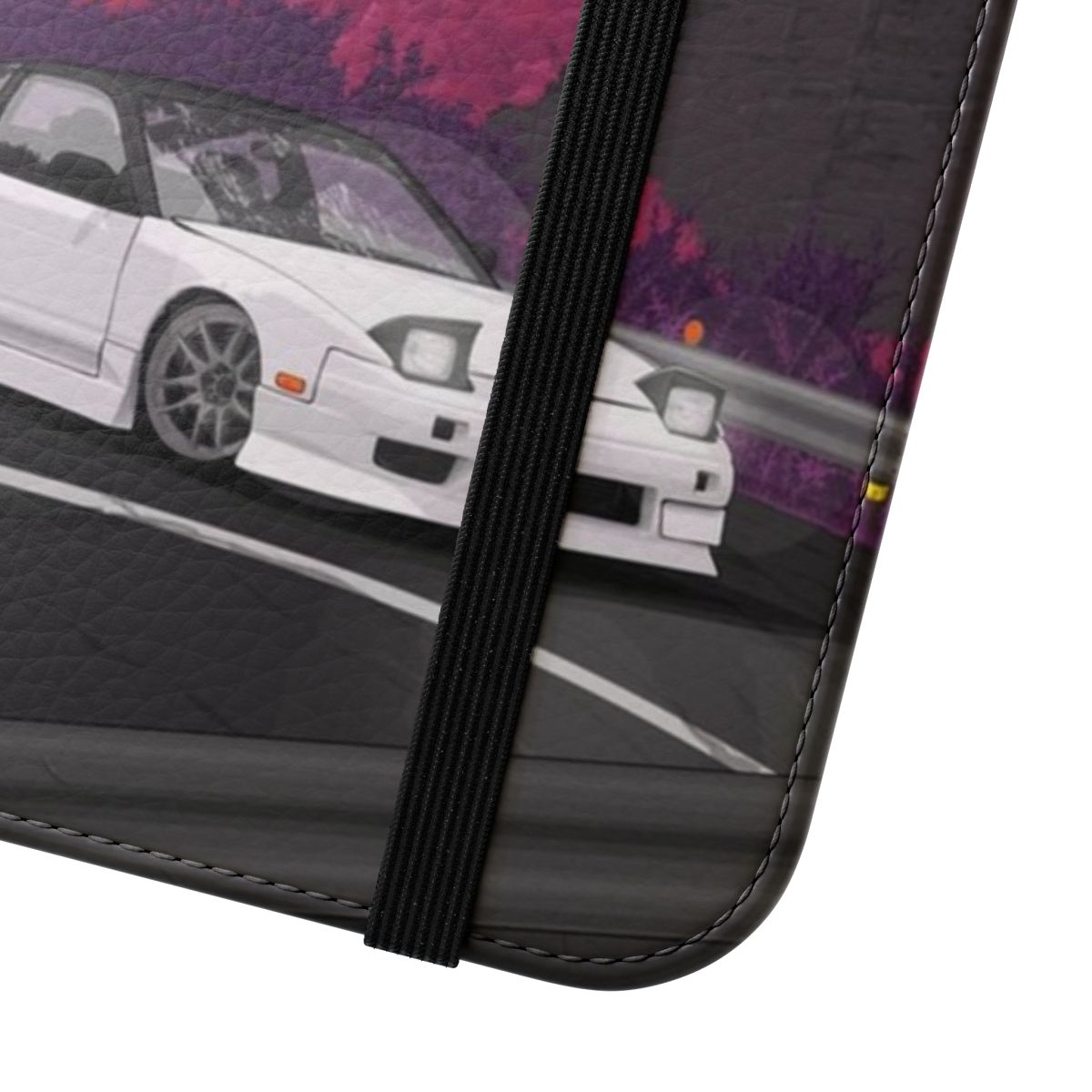 Flip cover phone case featuring a stylized Nissan 180SX S13 drift car design - Close Up