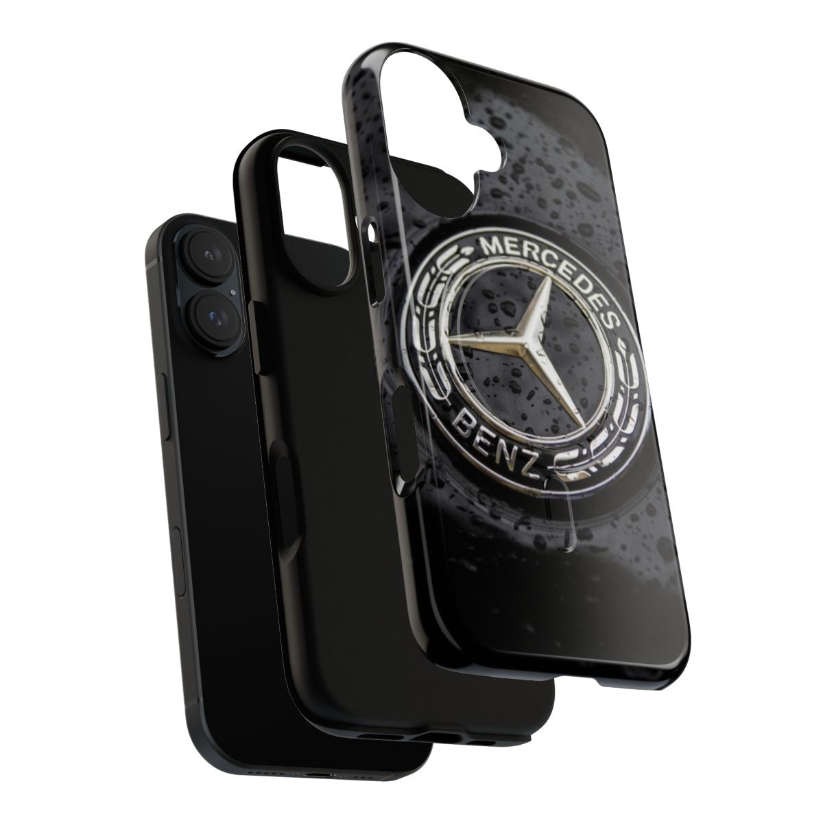 Closeup of a black phone case with the Mercedes logo and a strong magnetic closure. - Layers