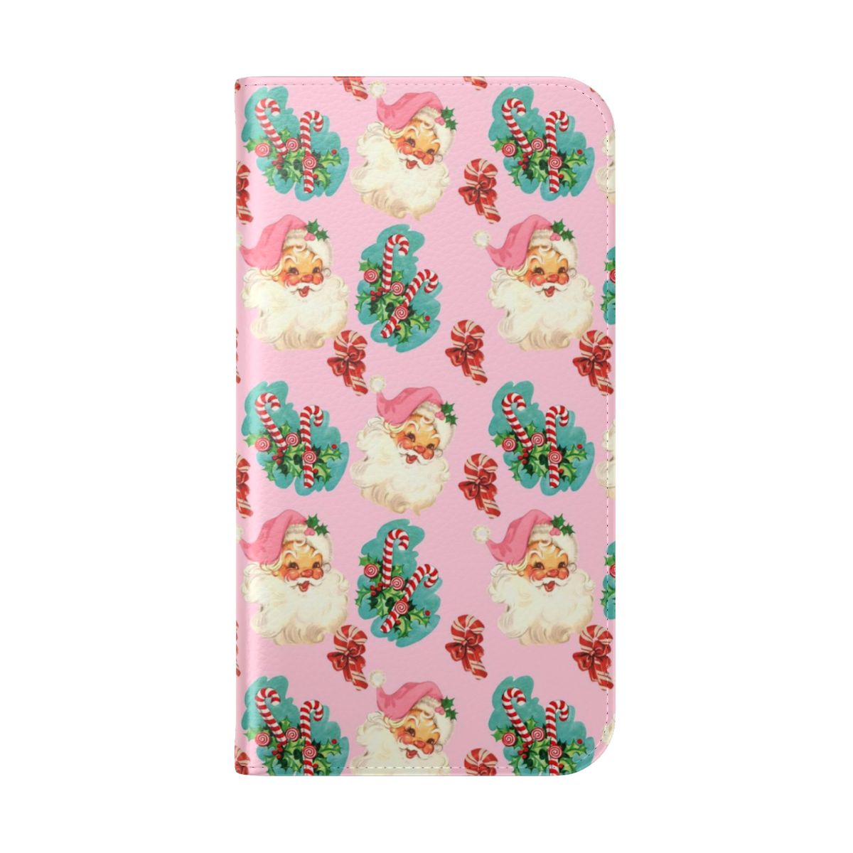 Vintage-style pink Christmas flip cover phone case with Santa Claus and candy canes - Folded Back