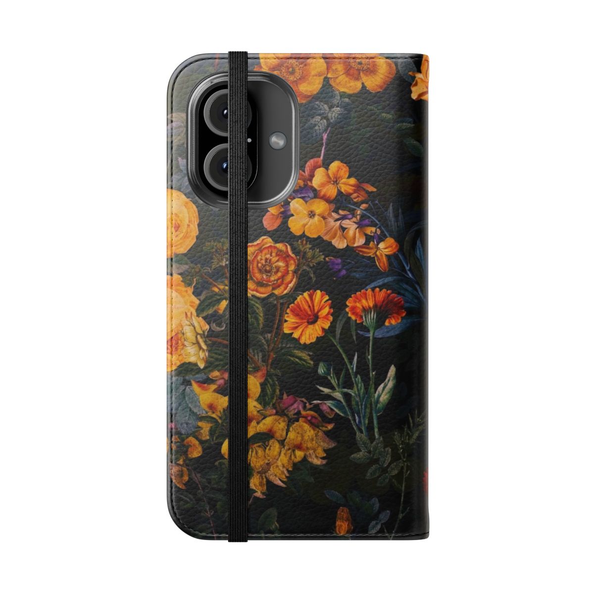 Vintage botanical floral pattern on a black phone case cover - Folded Front