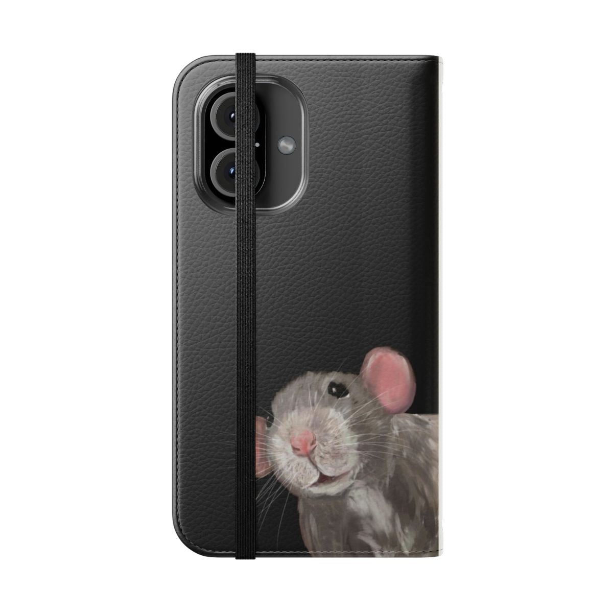 A stylish flip phone case featuring a portrait of a cute grey and black dumbo rat. - Folded Front