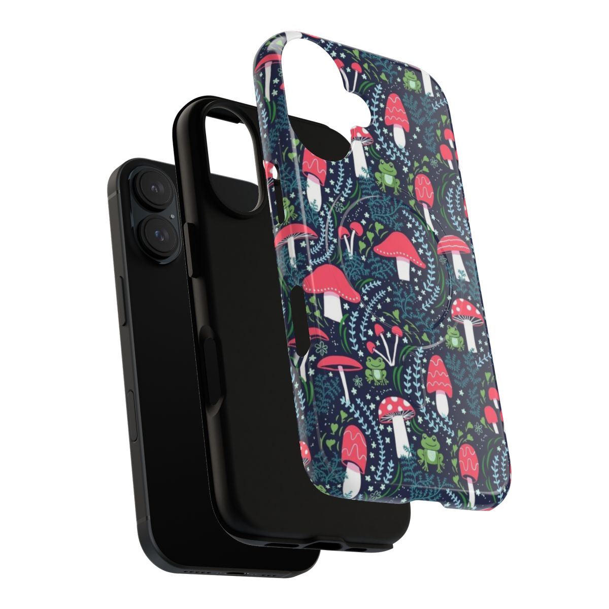 Colorful phone case featuring illustrated mushrooms, toadstools, and frogs in a woodland setting - Layers