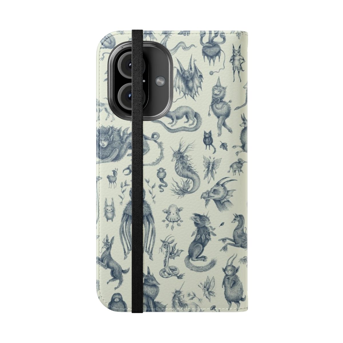 A colorful and whimsical phone case featuring illustrations of various mythical creatures and monsters in a pastel-toned, enchanted pattern. - Folded Front