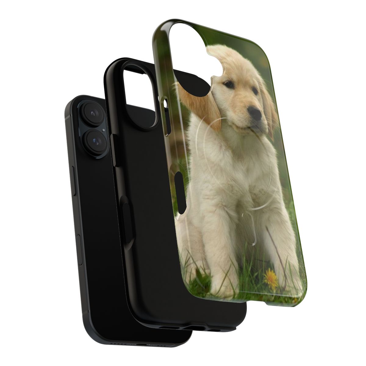 A magnetic and durable phone case featuring an adorable golden retriever puppy design. - Layers