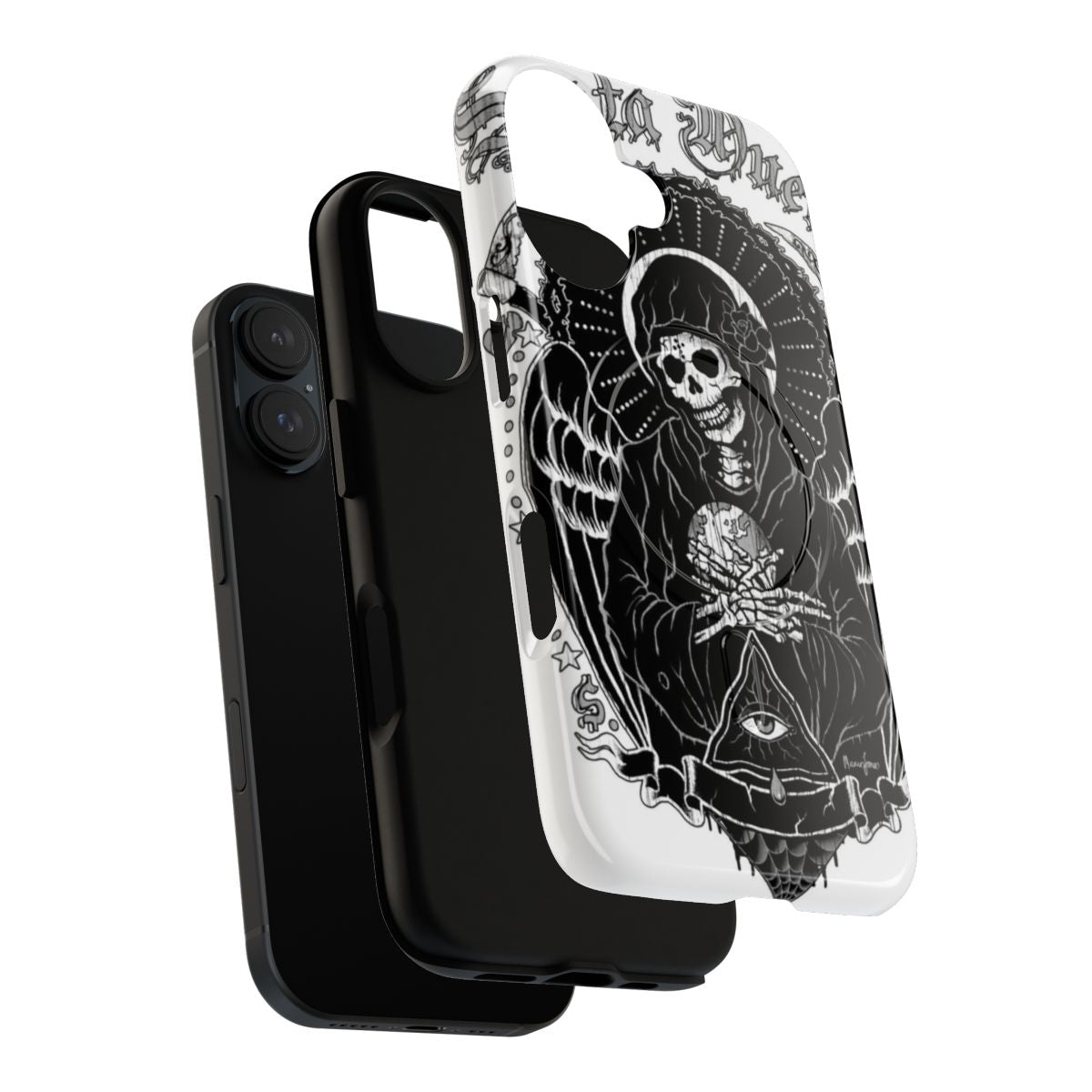 Punk-inspired phone case featuring a skull and santa muerte design - Layers