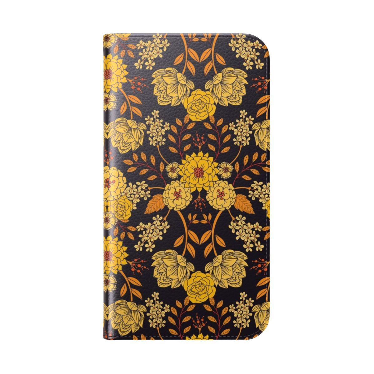 Vibrant floral pattern phone case in shades of yellow, orange, and navy blue - Folded Back