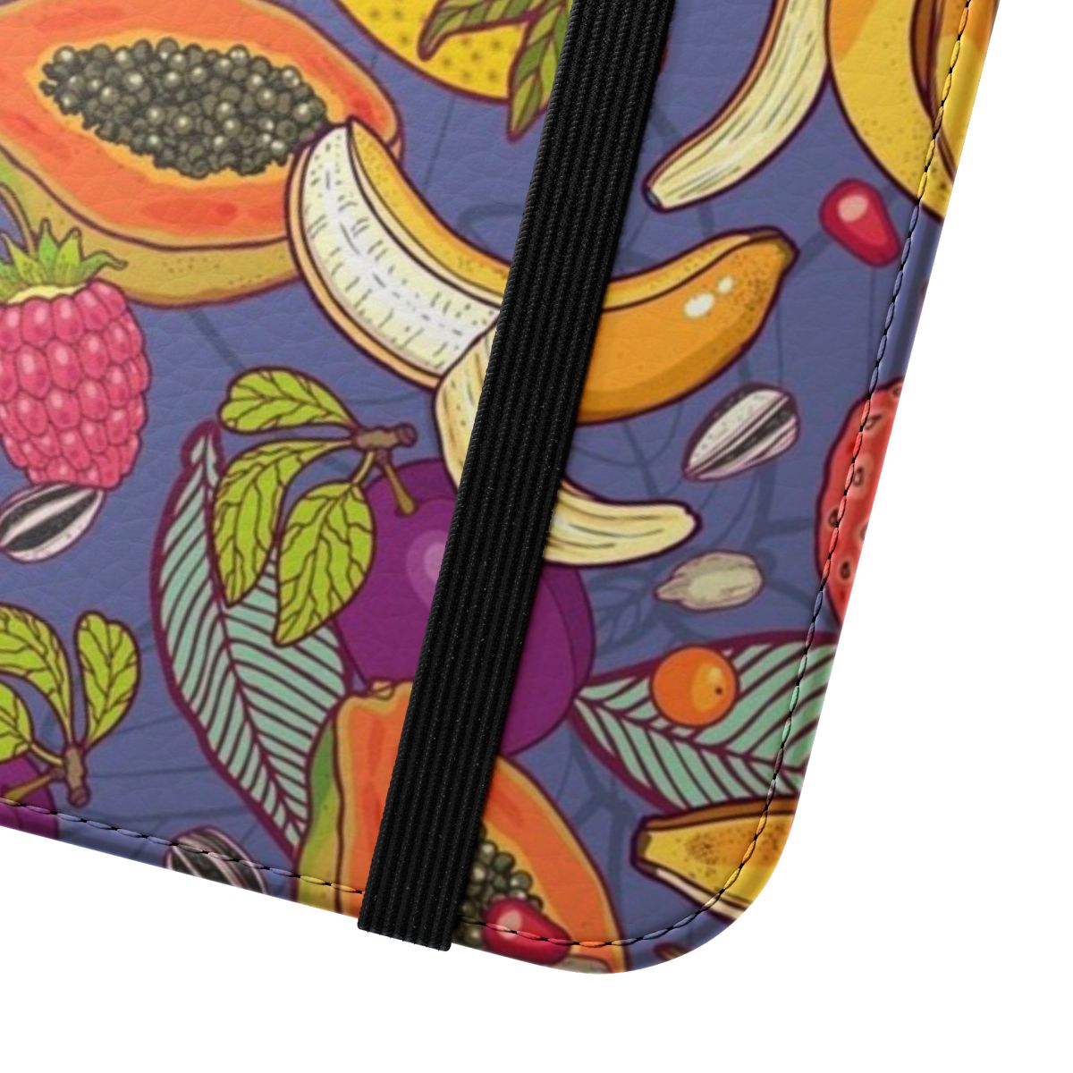 Colorful tropical-themed flip cover phone case with papaya, strawberry, and other fruit designs. - Close Up