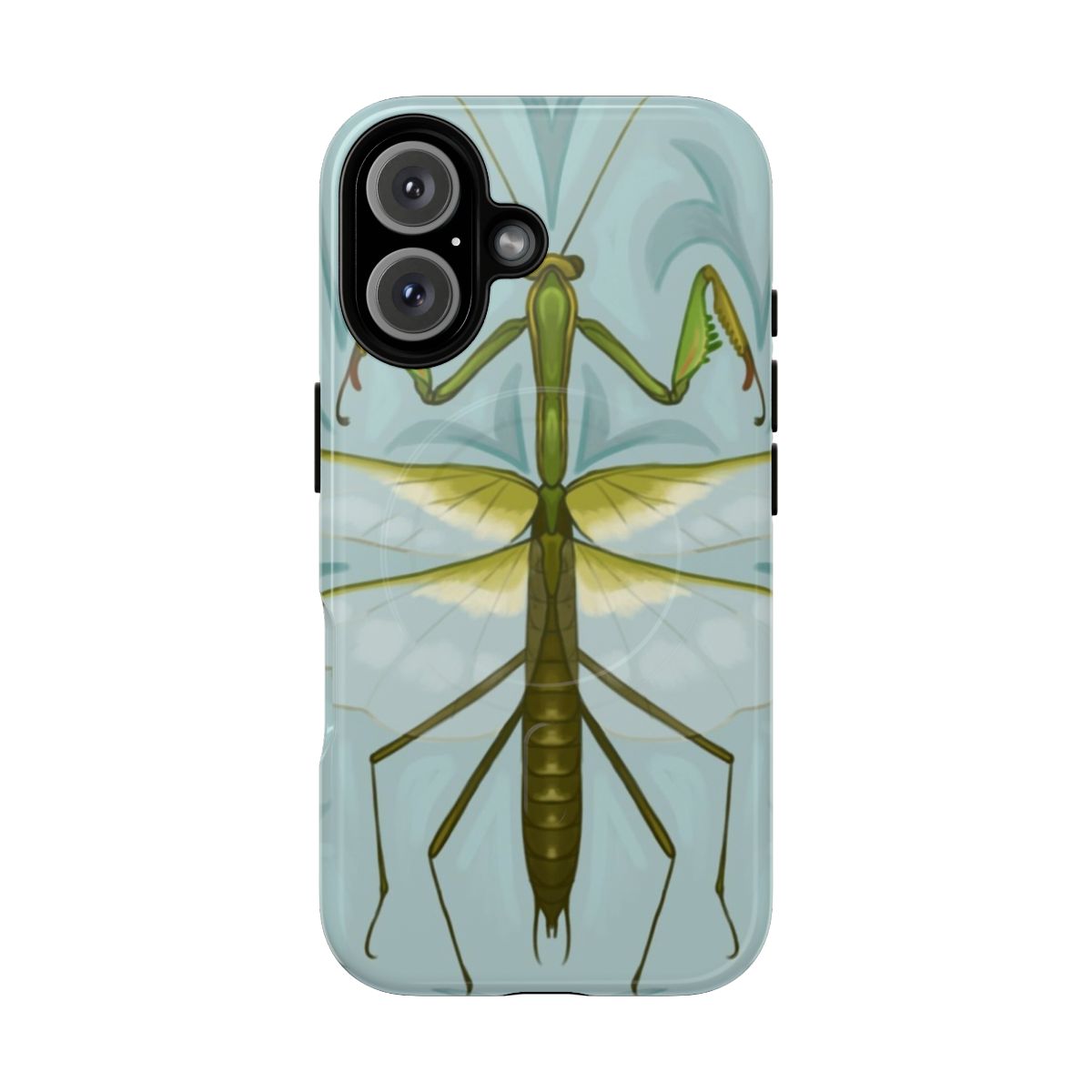 A magnetic tough phone case featuring a praying mantis diorama design in a natural, green setting.