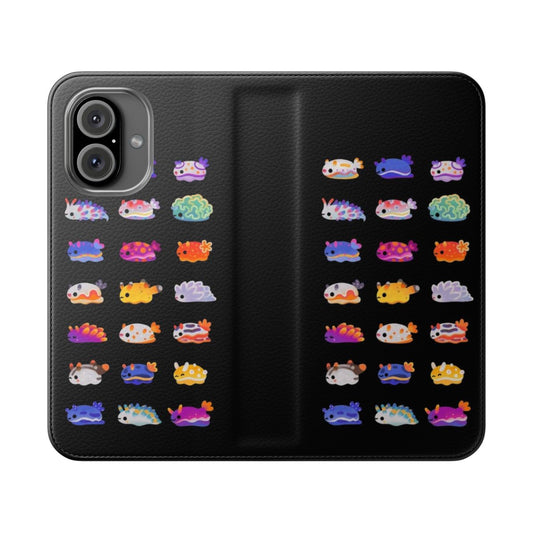 Colorful flip cover phone case featuring a vibrant sea slug or nudibranch marine creature design