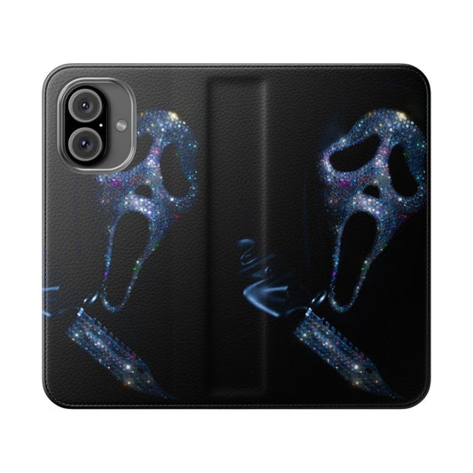 Colorful iridescent phone case with Ghostface design