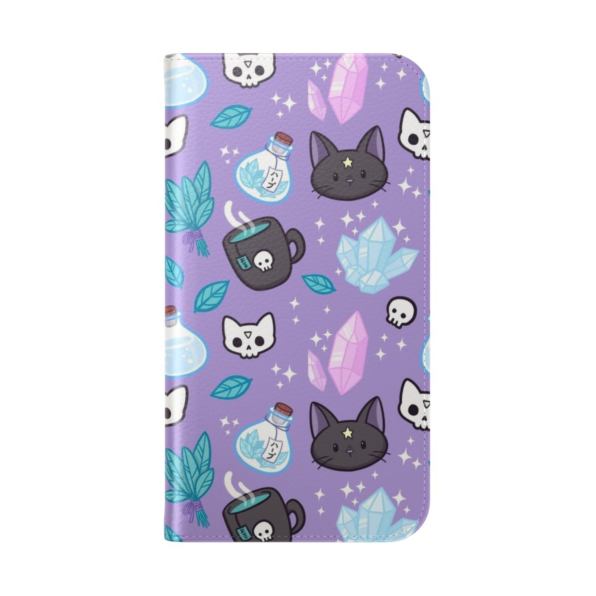 Pastel purple flip cover phone case with occult and wicca design elements like herbs, crystals, and a cat. - Folded Back