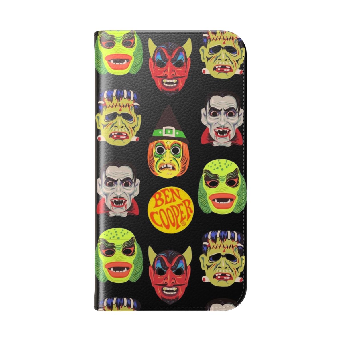 Vintage-style Halloween masks phone case featuring classic monster designs - Folded Back