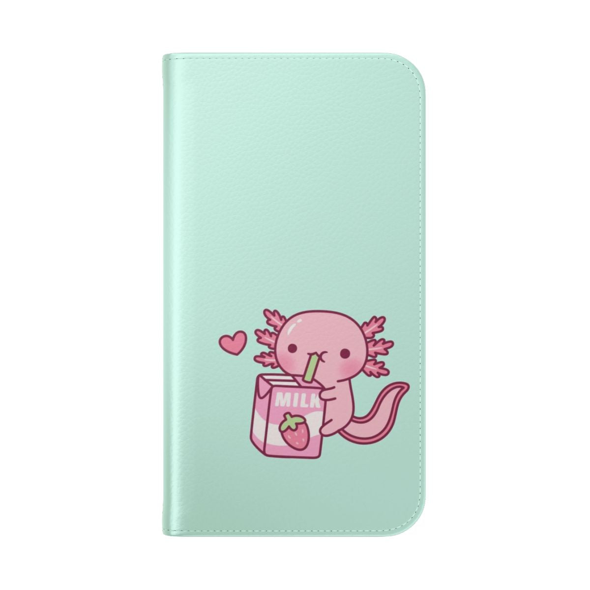 Cute doodle illustration of a pink axolotl holding a glass of strawberry milk on a pastel phone case - Folded Back