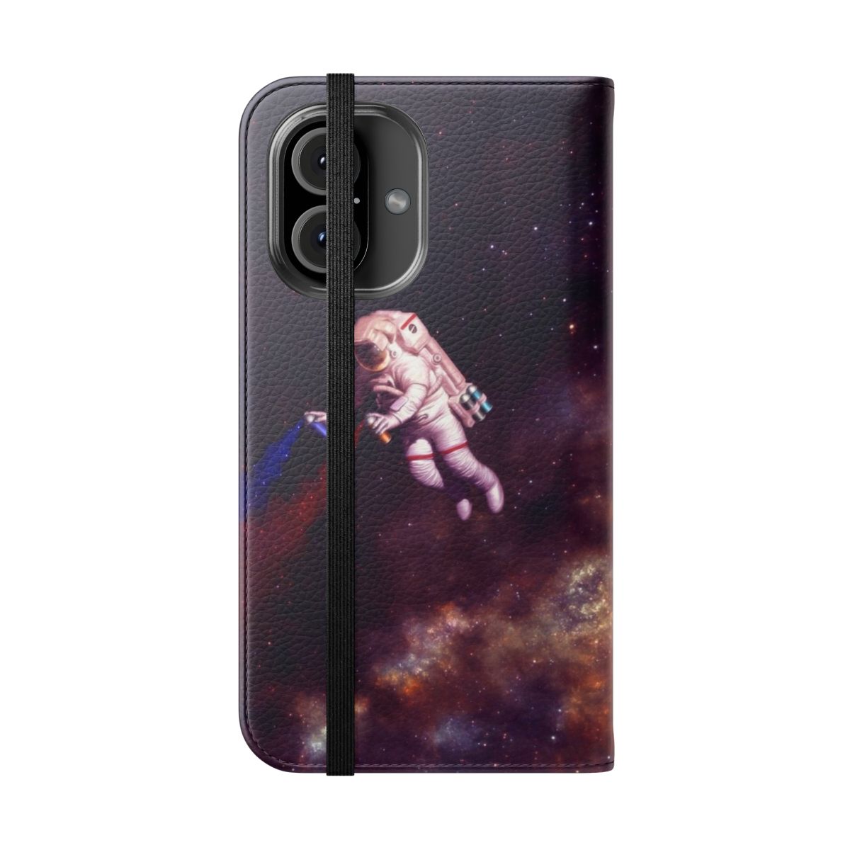 Colorful phone case with a galaxy and astronaut graffiti-style design - Folded Front