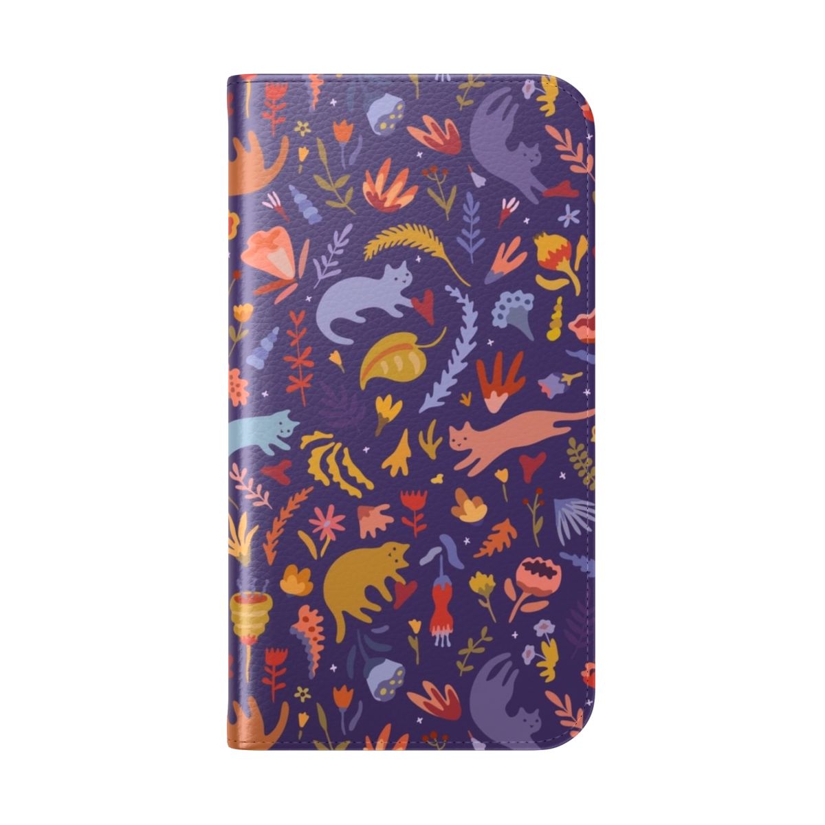 Vibrant flip cover phone case featuring a cartoon cat in a whimsical, floral magic garden landscape. - Folded Back