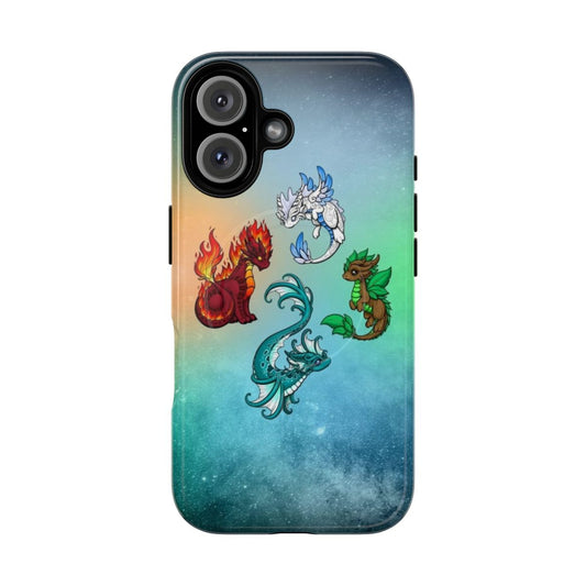 A phone case featuring a colorful illustration of four magical dragons representing the four elements: fire, water, earth, and air.