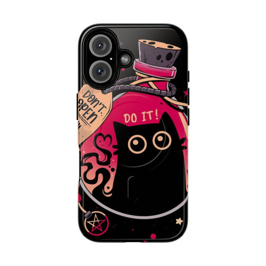 Magnetic tough phone case with a spooky black cat design