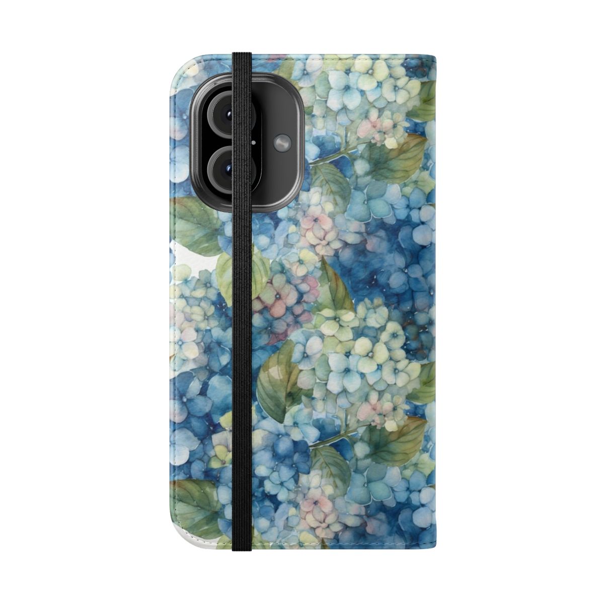 Watercolor hydrangea floral phone case with blue and purple flowers - Folded Front