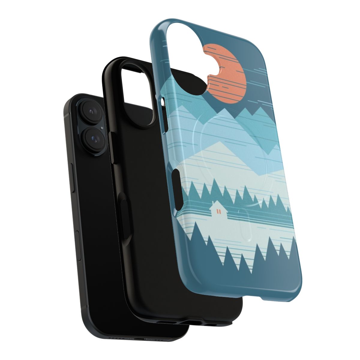 Snowy winter cabin phone case with pastel colors and mountain graphics - Layers