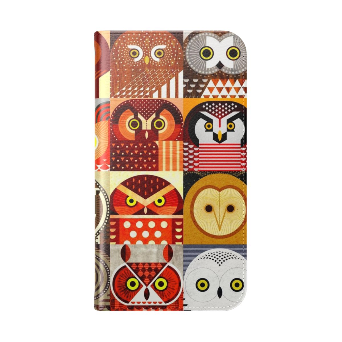 Image of a phone case featuring a digital illustration of North American owls. - Folded Back