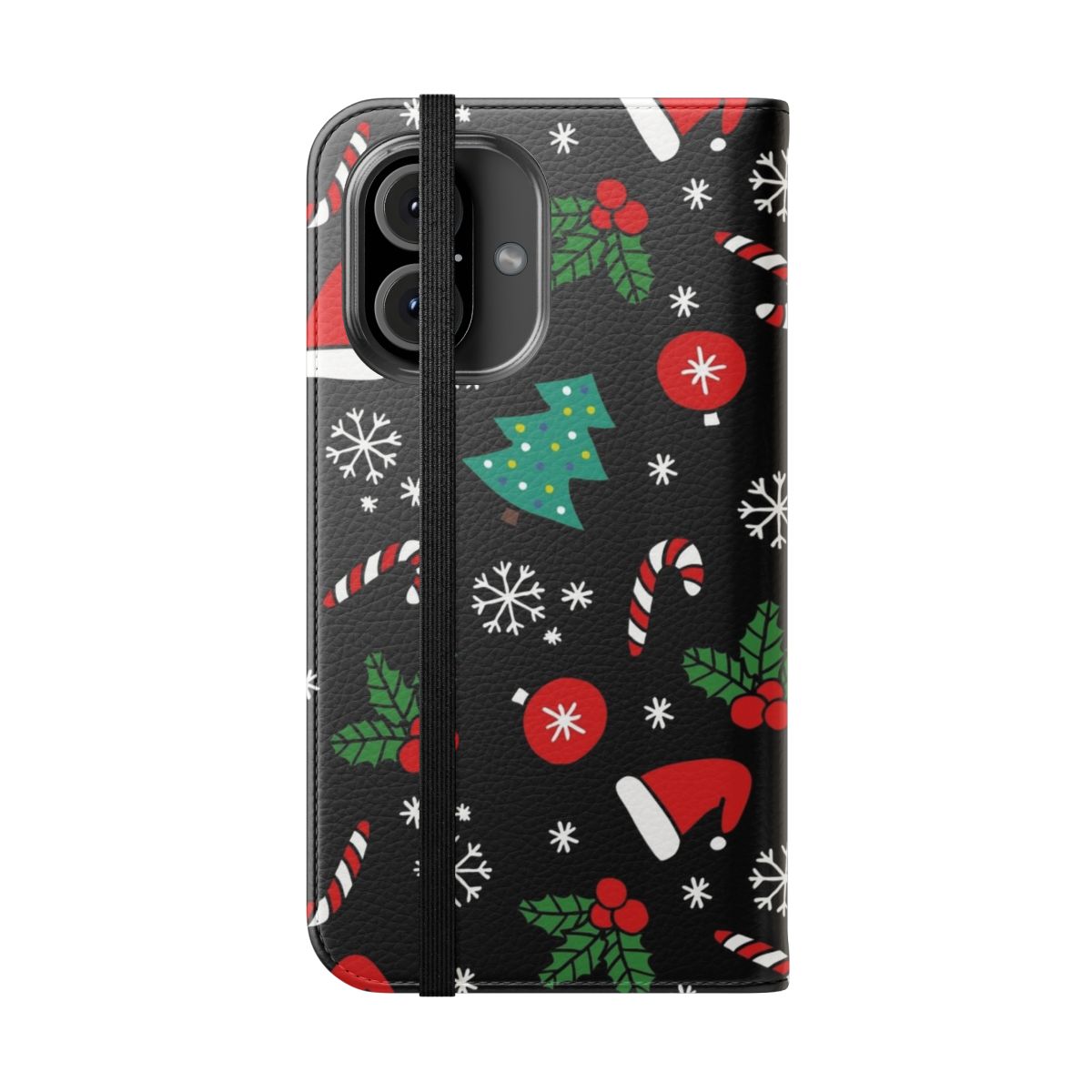 Christmas-themed phone case with floral patterns, snowflakes, and holiday elements - Folded Front