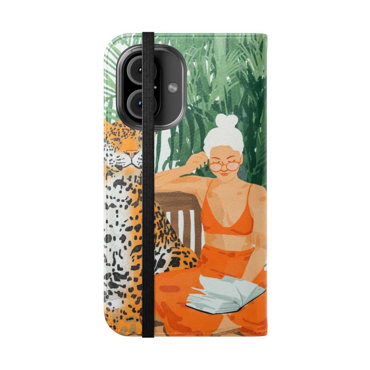 Tropical wildlife phone case with a modern bohemian design featuring a blonde woman in a jungle setting. - Folded Front